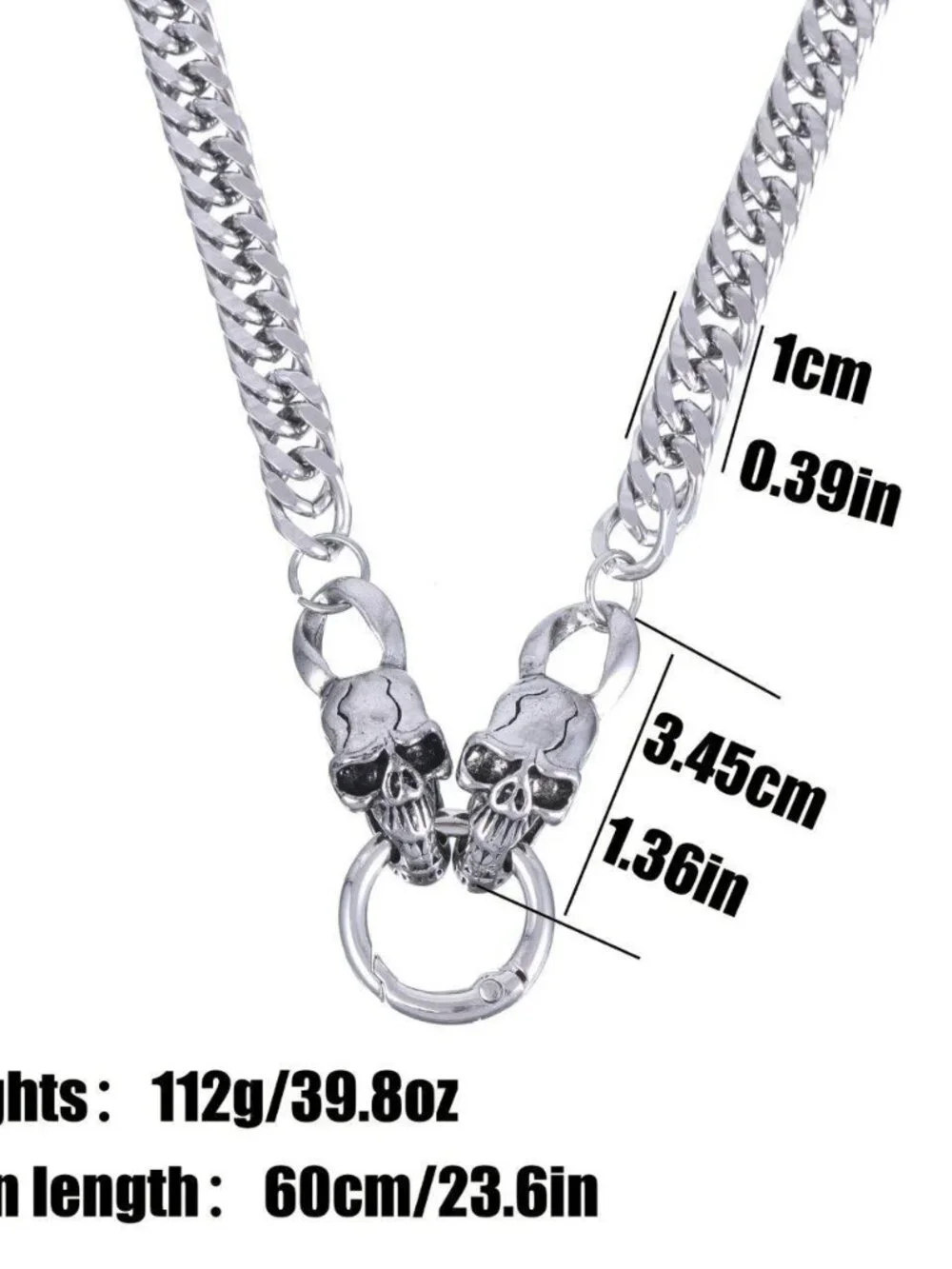 Mens double skull cuban chain necklace stainless steel